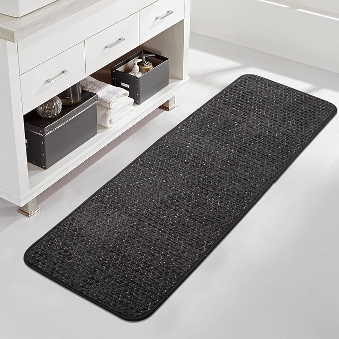 Black Bathroom Runner Rugs Non Slip Absorbent Quick Dry Thin Bath Mat with Rubber Backing, Shower Mats Fit Under Door Floor Bathtub, Easy Care, Machine Washable, 17"x 47", Black