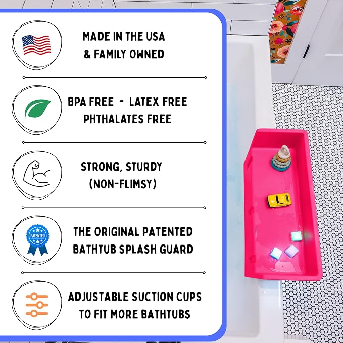 Tub Topper Mini Bathtub Splash Guard & Bath Shelf for Kids - Toy Tray, Pink | Toddler Storage Ledge, Patented Lip Design, Non-Silicone, BPA-Free, Easy to Remove & Clean, Made in USA