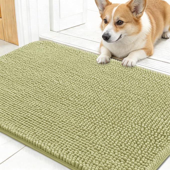 OLANLY Dog Door Mat for Muddy Paws 30x17, Absorbs Moisture and Dirt, Absorbent Non-Slip Washable Doormat, Quick Dry Chenille Mud Mat for Dogs, Entry Indoor Entryway Carpet for Inside Floor, Vanilla