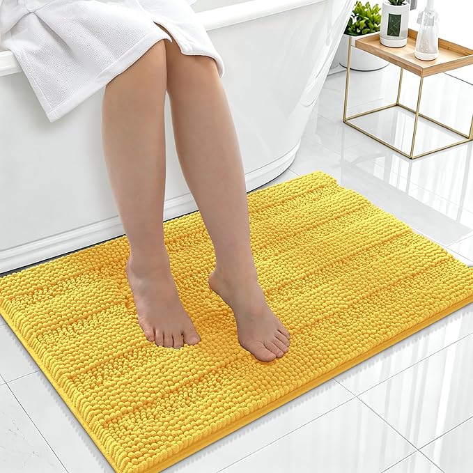 Smiry Thick Chenille Bathroom Rugs 36x24, Extra Soft Absorbent Striped Bath Mat, Machine Washable, Rubber Backing, Bath Rugs for Tub & Shower, Modern Home Decor Accessories, Yellow