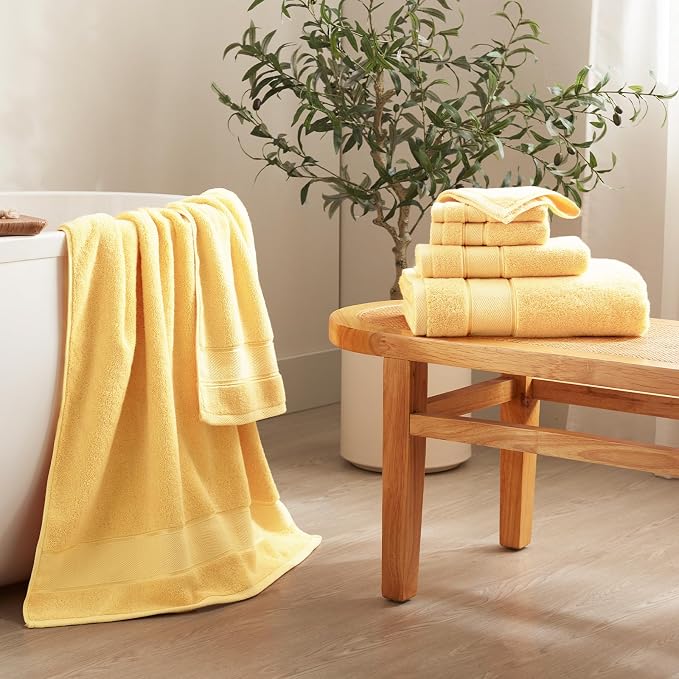 Marvione Bath Towels Set 6 Piece, 100% Turkish Cotton Highly Absorbent and Soft Towels for Bathroom 2 Bath Towels 2 Hand Towels 2 Washcloths, Light Yellow