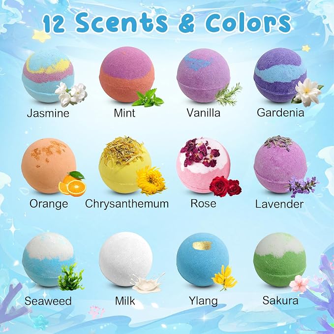12 Pack Bath Bomb Gift Set - Large 2.1oz / 60g Shea Butter Spa Fizzies with Hidden Surprise Inside - Mineral-Rich Non-Staining Moisturizing Formula for Adults