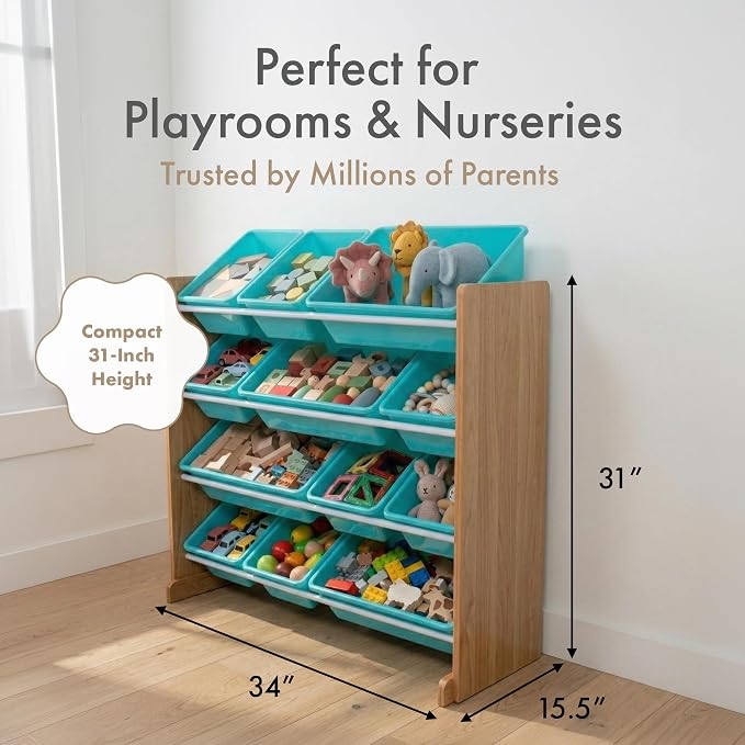 Humble Crew Toy Storage Organizer with 12 Removable Storage Bins for Kids Playroom, 4-Tier Toddler Toy Organization, Natural Wood/Aqua