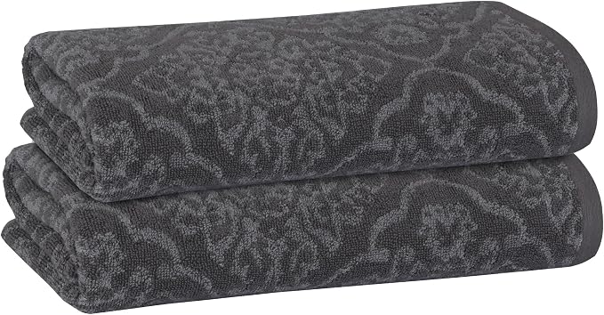 2 Pack Damask Hand Towel, Bath Towel, and Bath Sheet Towel, 100% Cotton Yarn Dyed, Lux Drying Experience, Great for Hands and Body, Perfect for Spa & Home Use (Gray, Bath Towel)