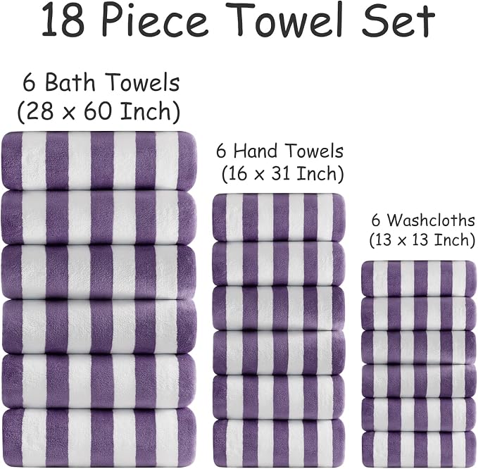 18 Pcs Purple Stripe Bath Towel Set with Hanging Loop-6 Bath Towels,6 Hand Towels,6 Washcloths Soft Family Towels Set Bathroom Towel Highly Absorbent Quick Dry Shower Towel for Beach Spa Gym Hotel