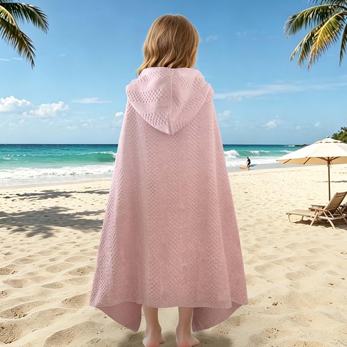 VOOVA & MOVAS Hooded Bath Towels for Kids | Soft Absorbent 100% Cotton Thick Towel Wrap | Versatile Beach, Pool, Swim & Bath Cover-Up | Pink Vertical Waffle
