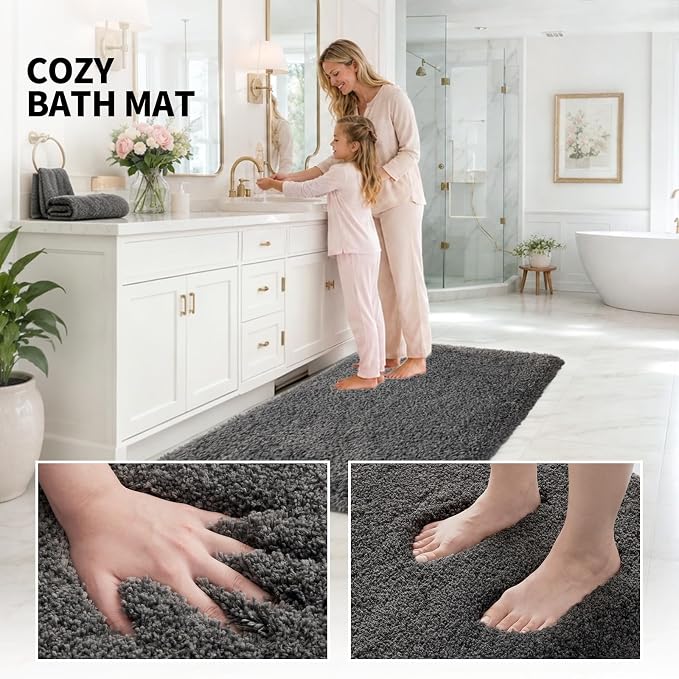 ILANGO Dark Gray Bathroom Rugs 30" × 20" Non Slip & Super Absorbent Extra Thick Soft, Washable Bath Mat for Floor, Microfiber Plush Shaggy Bath Rug with Rubber for Bathtub Shower Room Sink