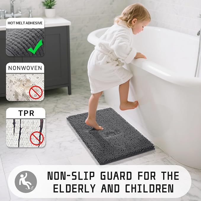 Yimobra Long Bathroom Rugs 47"x24", Extra Soft Non Slip Bath Mat for Tub, Super Absorbent Quick Dry Shaggy Rug Floor Carpet, Machine Washable,Dark Gray