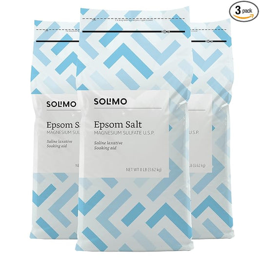 Amazon Brand - Solimo Epsom Salt Soak, Magnesium Sulfate USP, Relaxing Bath Soaking Aid, Unscented, 8 Pound, Pack of 3, Resealable Bags