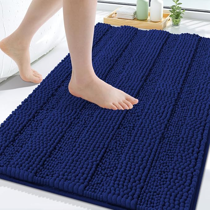 Grandaily Chenille Striped Bathroom Rugs 59x35, Extra Thick and Soft Absorbent Bath Mats, Rubber Backing, Plush Shaggy Shower Carpet, Machine Wash Dry, Bath Rug for Bathroom, Navy Blue