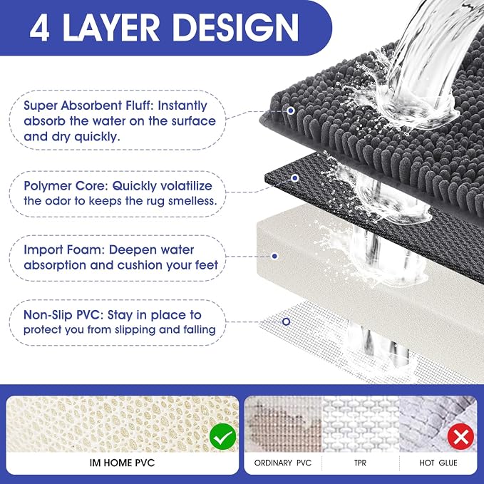 ACCUMTEK Striped Grey Bathroom Rug Set 3 Pieces Gray Ultra Soft, Non Slip Chenille Toilet Mat, Absorbent Plush Shaggy Bath Mats for Bathroom, Bedroom, Kitchen, Charcoal