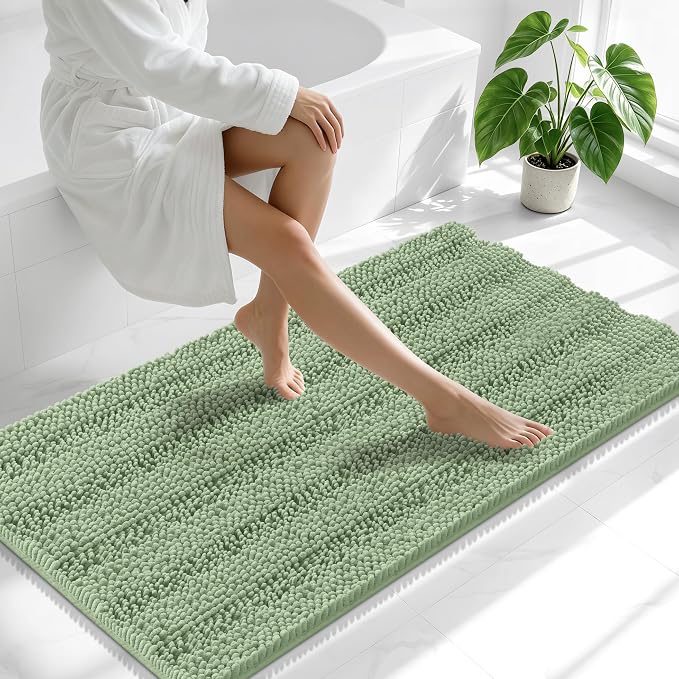 Smiry Thick Chenille Bathroom Runner Rugs 47x24, Extra Absorbent Striped Bath Mat, Machine Washable, Rubber Backing, Long Bath Rugs for Tub & Shower, Modern Home Decor Accessories, Sage Green