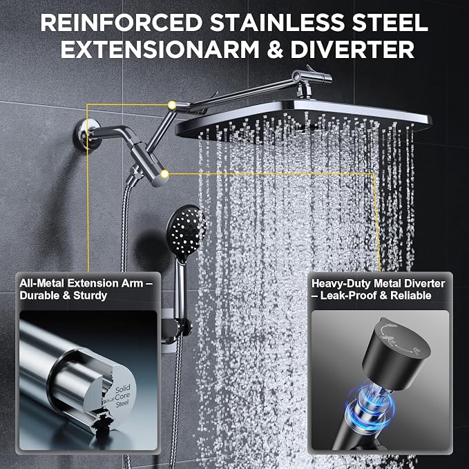 Veken 14" Wide Rain Shower Head with Handheld, High Pressure Handheld Shower with Multi Spray Modes, Rainfall Combo with 15" Metal Extension Arm, Detachable Dual Shower, Bathroom Decor, Chrome Silver