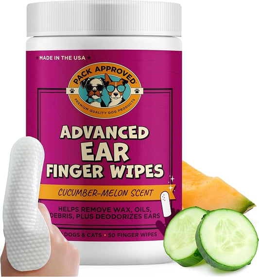 Pack Approved Advanced Pet Ear Finger Wipes for Dogs & Cats - Non-Irritating Pet Finger Wipes, Ear Cleaner for Dogs & Cats - Helps Reduce Wax Buildup, Debris, and Odor with Cucumber Melon Scent - 50ct