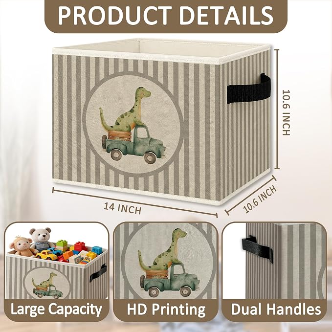 Dinosaur Truck Boy Nursery Foldable Storage Bins Box with Handles, Neutral Striped Dinosaur Truck Playroom Collapsible Organizer Basket for Kids Boys Room Bedroom Bathroom Clothes Books