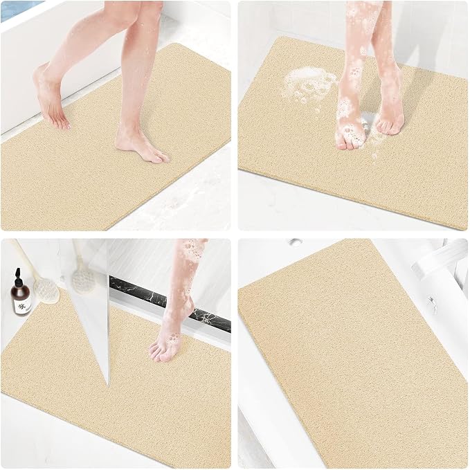 Shower Mat Bathtub Mat Non-Slip,36x16 inch, Soft Tub Mat with Drain,PVC Loofah Bath Mat (Phthalate Free) for Tub and Bathroom,Quick Drying,Khaki