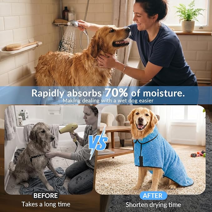Bienbee Dog Bathrobe, Quick Drying Super Absorbent Pet Robes for Small Medium Large Dogs, Drying Coat for After Bath & Swim, Warm & Cozy Dogs Towels, Dog Puppy Bath Supplies,Light Blue L