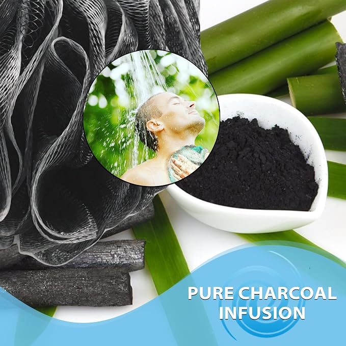 SHOWER BOUQUET Loofah-Charcoal Bath-Sponge XL-4-Pack-Blue-Green // Extra Large 75g Soft Mesh Color & Black Lufa Loofa Loufa Puff Set/Exfoliating Body Scrubber for Women and Men - Exfoliate & Soothe