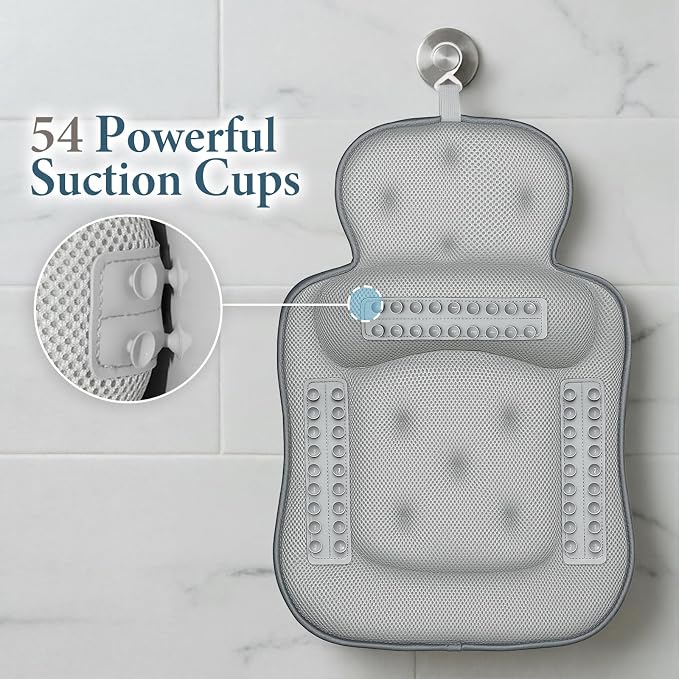 Bath Pillows for Tub, Skin Friendly Bathtub Cushion for Head and Neck with Soft 5D Mesh Fabric and 54 Non-Slip Suction Cups, Relaxing Tub and Shower Accessories Spa Gift (Dark Gray, Standard)