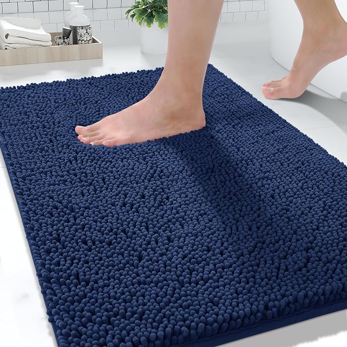 Yimobra Washable Bathroom Rugs, Super Soft & Absorbent Chenille Bath Mat for Floor & Carpet, Quick Dry Non Slip Bath Mat for Tub Shower, 24" x 17",Navy Blue