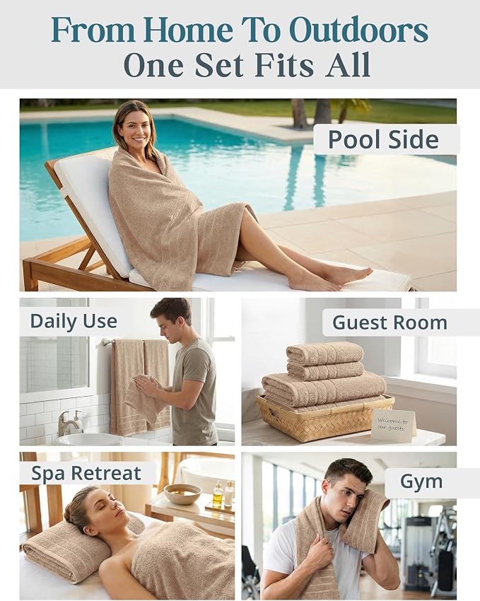 Casa Platino 100% Luxury Cotton Bathroom Towel Set 8 Pcs - Super Soft & Highly Absorbent - 2 Bath, 4 Washcloths, 2 Hand Towels for Bathroom - Oeko TEX Certified, Fade Resistant, Luxury Look - Beige