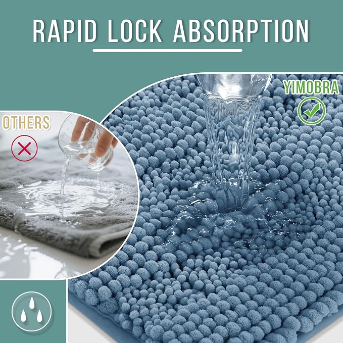 Yimobra Bathroom Rug Mat 32 x 20, Non Slip and Super Absorbent Bath Mat,Machine Washable Quick Dry,Ultra Plush Chenille Shower Rugs for Bathroom Floor Sink Tub and Shower Outside,Denim Blue