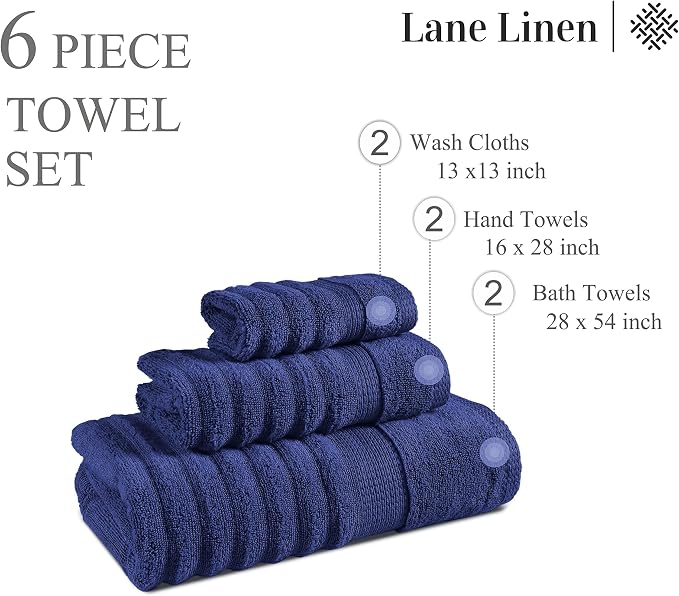 LANE LINEN Bath Towels Set - 6 Piece Set - Zero Twist - Softer Cotton, Absorbent & Durable - 2 Bath, 2 Washcloths, 2 Hand Towels for Bathroom - Sustainably Produced & Designed for Everyday use - Navy