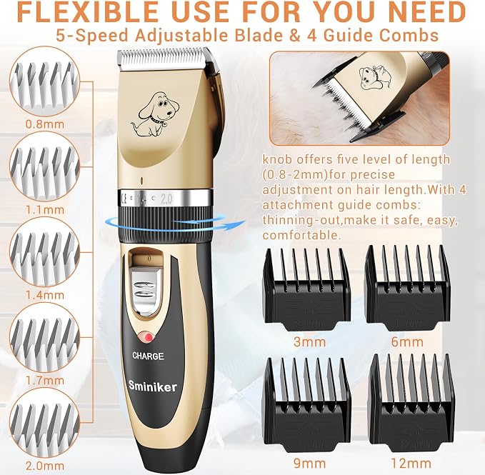 Sminiker Professional Rechargeable Cordless Dogs Cats Horse Grooming Clippers - Professional Pet Hair Clippers with Comb Guides for Dogs Cats Horses and Other House Animals Pet Grooming Kit