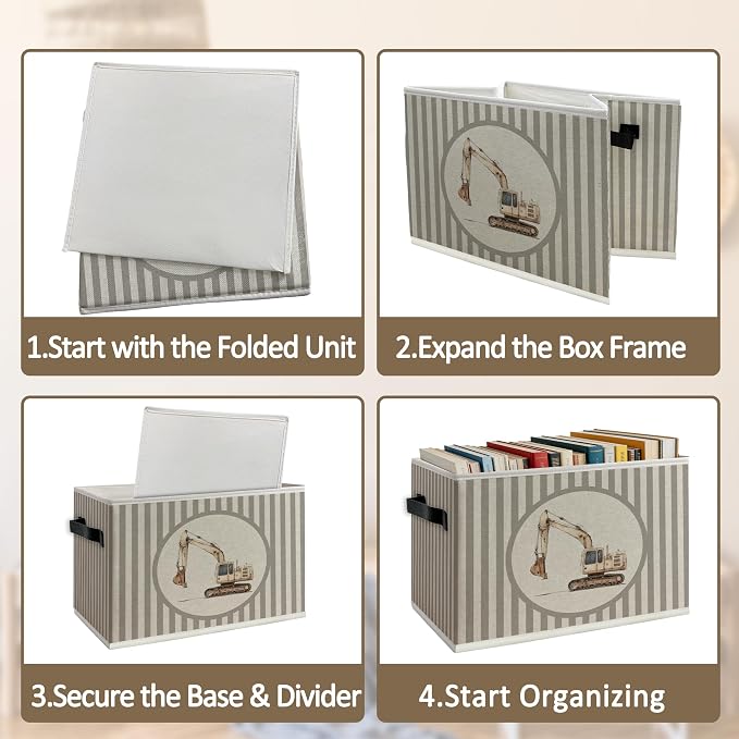 Vintage Excavator Storage Bins Box with Handles, Car Kids Decor for Boys, Striped Excavator Vehicle Collapsible Organizer Basket for Nursery Room Bedroom Playroom Toys Books
