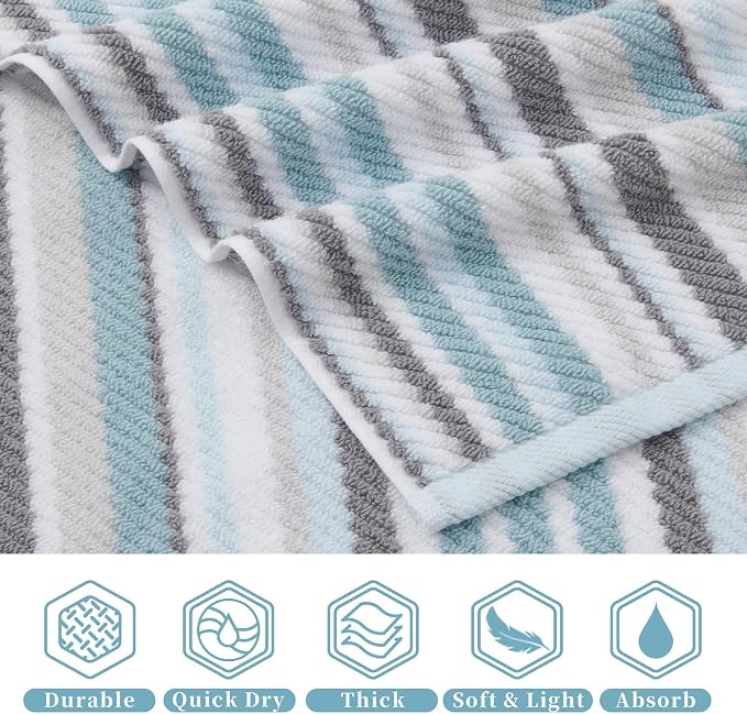 Quick Dry & Highly Absorbent 100% Cotton Aqua Striped Hand Towels (Set of 4, 16x27 Inches) - Soft Lightweight Luxury Towels for Bathroom, Shower, Guest Room | Blue & Gray Stripe Gift Set