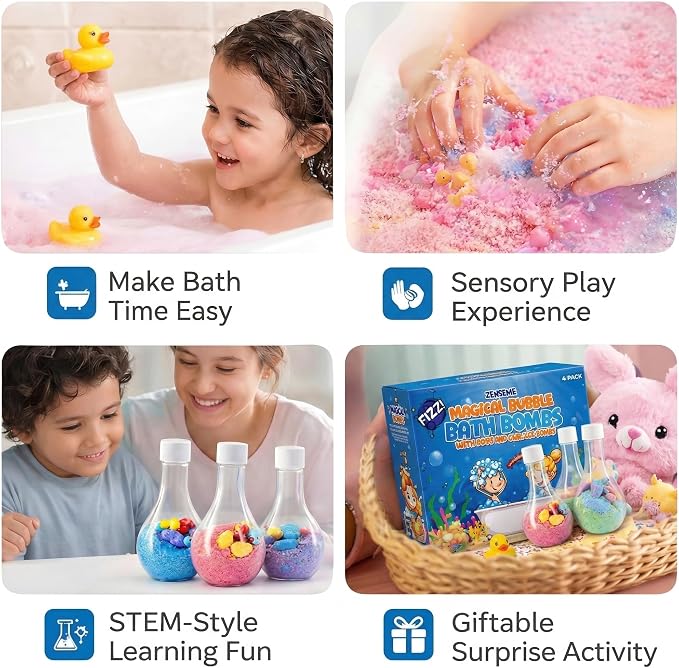 Bubble Bath Bombs for Boys with Mini Toy Ducks Inside – Bubble Bath for Kids - Kids Bath Bombs Toys Powder– Bathtime Experiment Kit Mix - Blast of Foam & Colours – Gift Set of 4 - Bath Toys