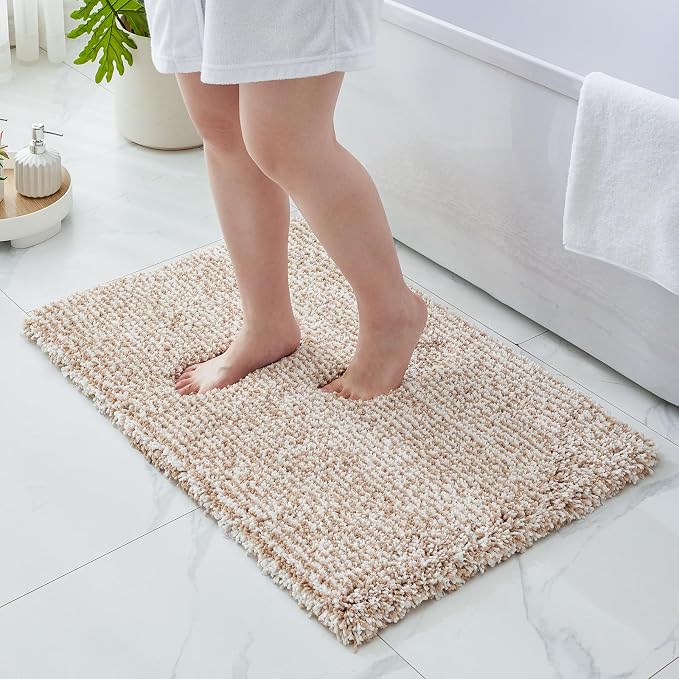 Bathroom Rugs Non Slip Washable 32x20, Ultra Soft Thick Shaggy Absorbent Bath Mats,High Density Foam Latex Non Slip Backing Bath Rugs,Microfiber Bath Mats for Bathroom Floor&Sink,White Beige