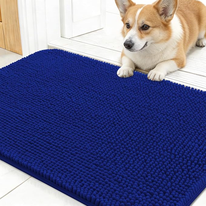 OLANLY Dog Door Mat for Muddy Paws 24x16, Absorbs Moisture and Dirt, Absorbent Non-Slip Washable Doormat, Quick Dry Chenille Mud Mat for Dogs, Entry Indoor Entryway Carpet for Inside Floor, Royal Blue