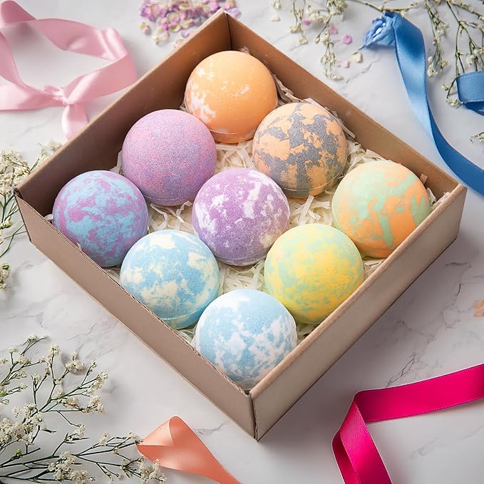Bath Bombs for Women, 9pcs Handmade Bubble Bath Bombs with Natural Essential Oils, Wonderfull Gift for Women, as Well as Nice Valentine's Day or Birthday Gift for Wife and Girlfriend