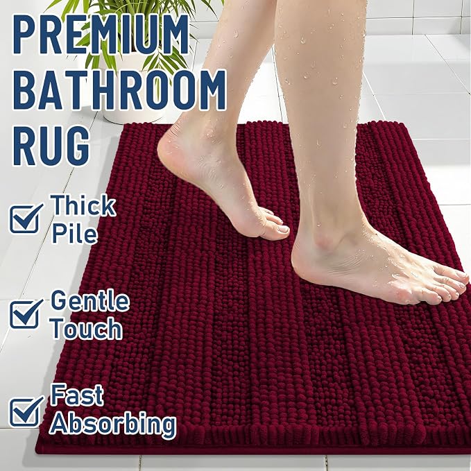 Grandaily Chenille Striped Bathroom Rugs 59x20, Extra Thick and Soft Absorbent Bath Mats, Rubber Backing, Plush Shaggy Shower Carpet, Machine Wash Dry, Bath Rug for Bathroom, Wine Red
