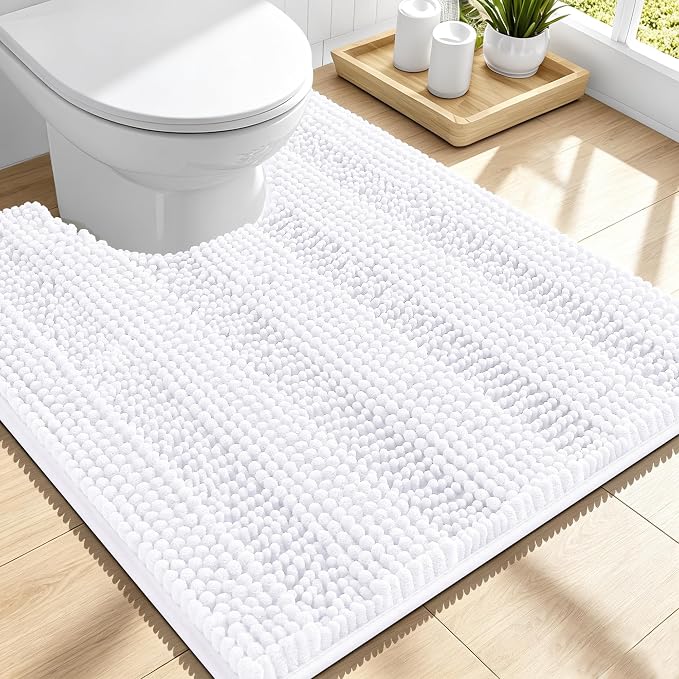 Smiry Thick Chenille Toilet Rugs U-Shaped 24x20, Extra Soft Absorbent Striped Contour Bathroom Rugs, Machine Washable, Dry Quickly, Bath Mat, White