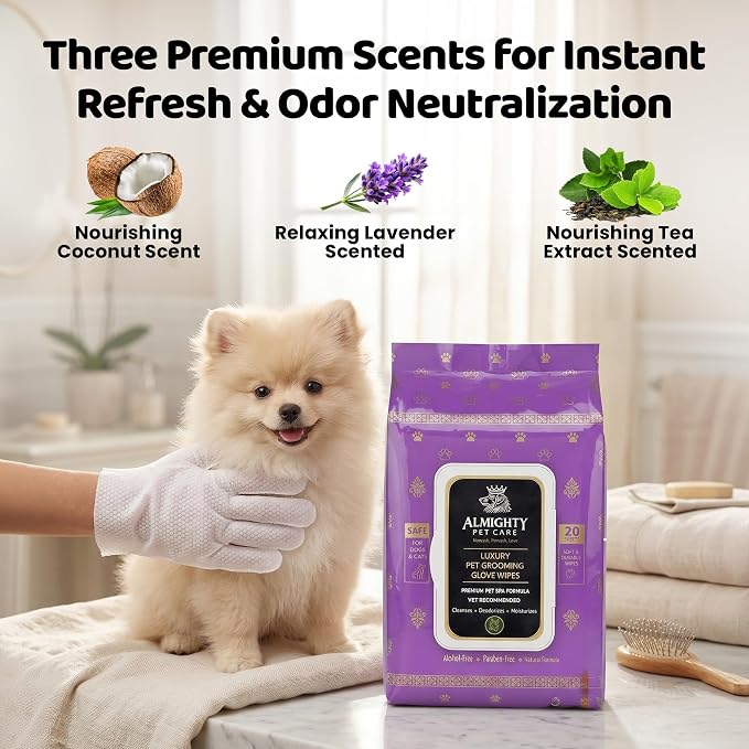 Premium Pet Grooming Glove Wipes for Dogs & Cats, 3X Thick No-Rinse Bathing Gloves, Hypoallergenic Deodorizing Paw & Body Cleaner, Grooms Hydrates & Nourishes, 20 Count, Lavender Scent
