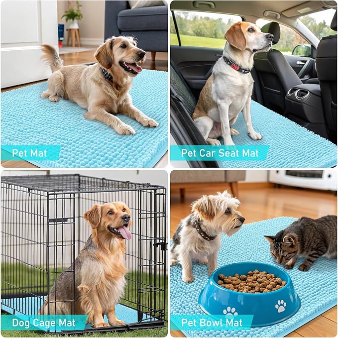 OLANLY Dog Door Mat for Muddy Paws 44x32, Absorbs Moisture and Dirt, Absorbent Non-Slip Washable Doormat, Quick Dry Chenille Mud Mat for Dogs, Entry Indoor Entryway Carpet for Inside Floor, Blue