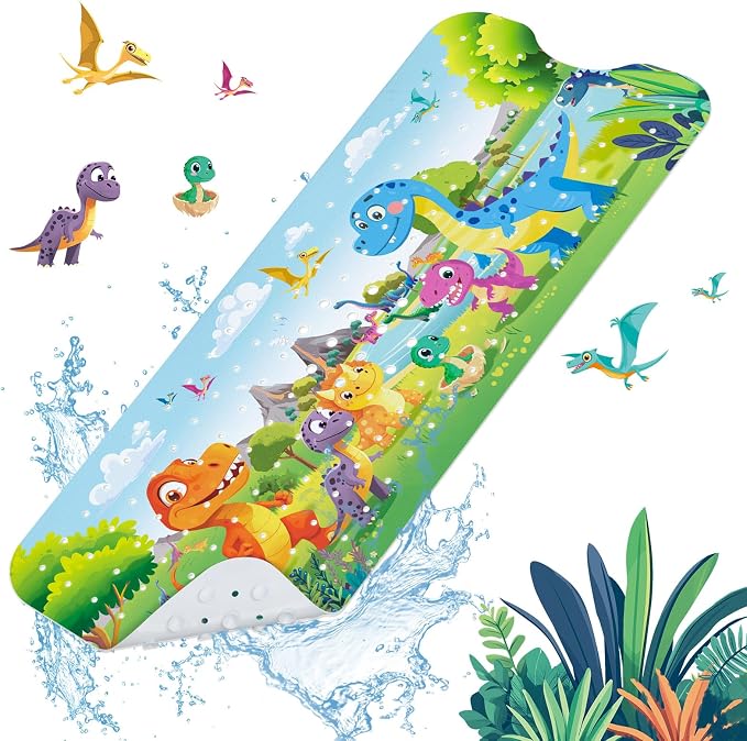 SHUCHING Baby Bath Mat for Tub Non Slip-40 X 16 Inch, Dinosaur | Bathtub Mat for Kids & Toddler Mold Free, Long Shower Mat for Inside Shower with Suction Cup, Machine Washable