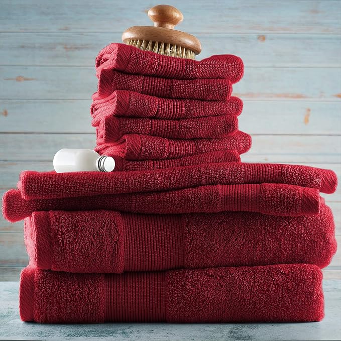 Hearth & Harbor Bath Towels for Bathroom - 100% Ring Spun Cotton Luxury Bathroom Towels - Ultra Soft & Highly Absorbent, Bath Towels Set of 10 - Burgundy Red