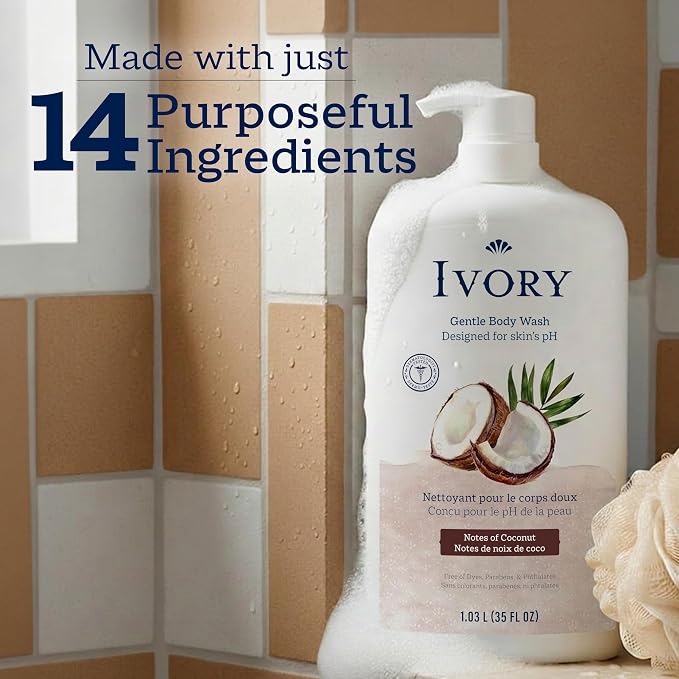 Ivory Body Wash, Designed for the Whole Family, Gentle Formula, Free of Dyes Heavy Perfumes Parabens Phthalates & Silicones, Coconut Scent, 35 oz