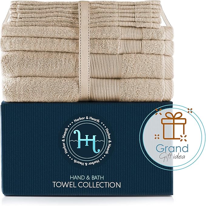 Hearth & Harbor Bath Towels for Bathroom - 100% Ring Spun Cotton Luxury Bathroom Towels - Ultra Soft & Highly Absorbent, Bath Towels Set of 10 - Beige Cream