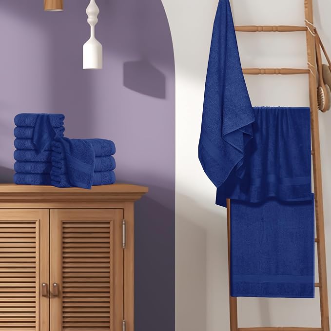 BOUTIQUO 24 Pack Cotton Towel Set, Contains 6 Bath Towels 27x54 inch, 6 Hand Towels 16x24 inch & 12 Wash Coths 12x12 inch, Ideal Everyday use, Ultra Soft Compact & Lightweight - Navy Blue