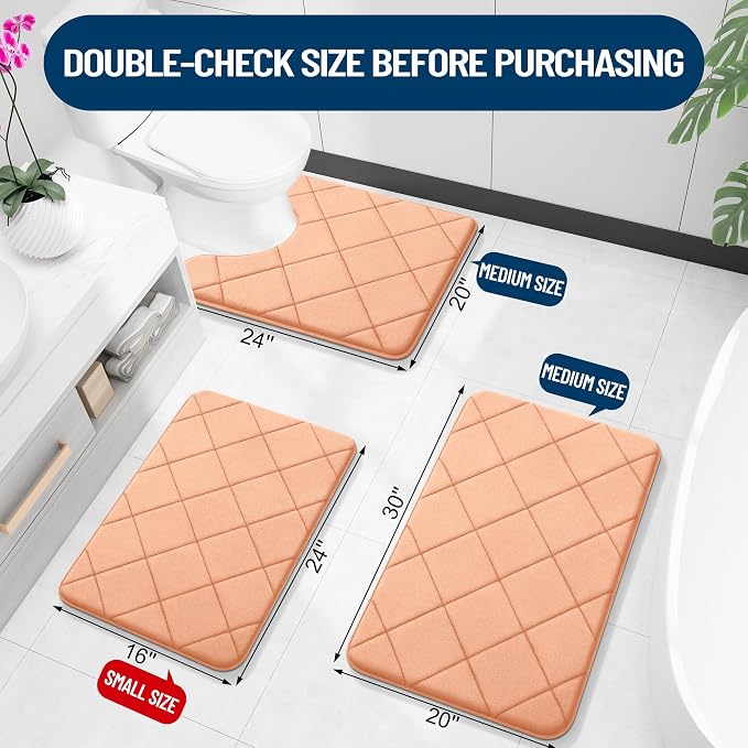 OLANLY Memory Foam Toilet Rugs U-Shaped 24x20, Ultra Soft and Absorbent Bathroom Rugs, Machine Washable Quick Dry, Comfortable Bathroom Contour Bath Mats for Toilet Base, Peach