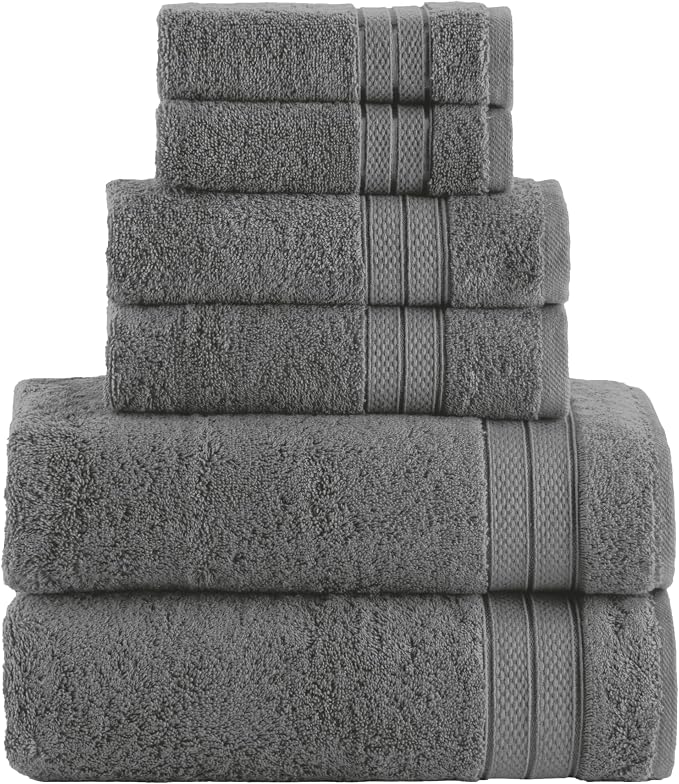 Elegant Comfort Luxury 6-Piece Towel Set, Premium Soft 100% Turkish Cotton, Three Line Popcorn Design 2 Bath Towels, 2 Hand Towels and 2 Washcloths Towel Set- Quick-Drying and Absorbent, Charcoal Gray