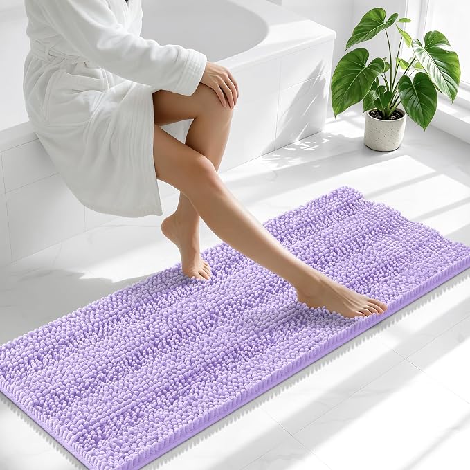 Smiry Thick Chenille Bathroom Runner Rugs 47x17, Extra Absorbent Striped Bath Mat, Machine Washable, Rubber Backing, Long Bath Rugs for Tub & Shower, Modern Home Decor Accessories, Lavender