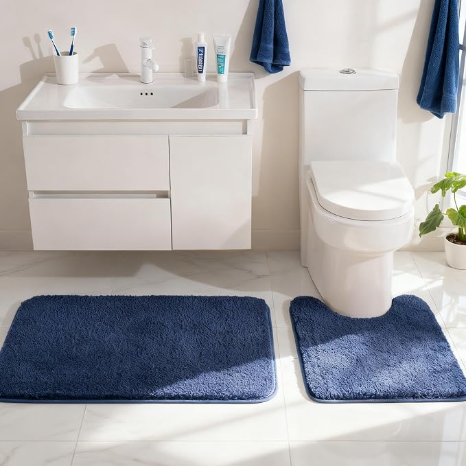 Exclusivo Mezcla Toilet Rugs U-Shaped 20x24, Extra Soft Non Slip Absorbent Microfiber Bath Rugs, Machine Washable Quick Dry Bath Mats for Toilet, Solid Navy Blue