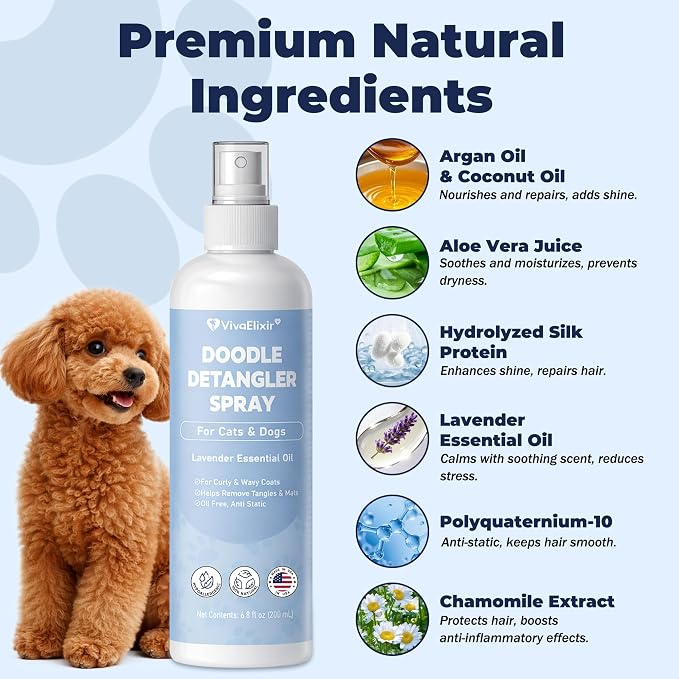Dog Detangler Spray – Doodle Detangler Spray Leave-in Conditioner, Dematting Spray for Dogs, Cat & Dog Matted Fur Remover Grooming Spray, Removes Tangles & Odors, Poodle Tangle Remover – 6.8oz