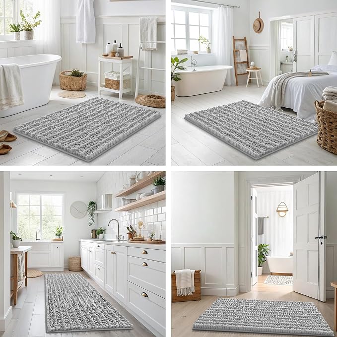 Smiry Bathroom Rugs Mat 70x24, Extra Soft Absorbent Chenille Bath Rugs, Non Slip Rubber Backing Machine Washable Quick Dry Bath Mats for Bathroom Floor, Tub, Shower, Home Decor Accessories, Light Grey