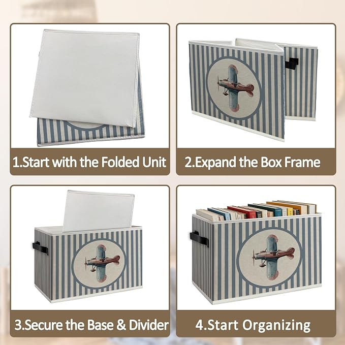 Vintage Airplane Nursery Foldable Storage Bins Box with Handles, Kids Room Decor for Boys, Blue Striped Plane Collapsible Organizer Basket for Kids Nursery Room Bedroom Playroom Toys Books